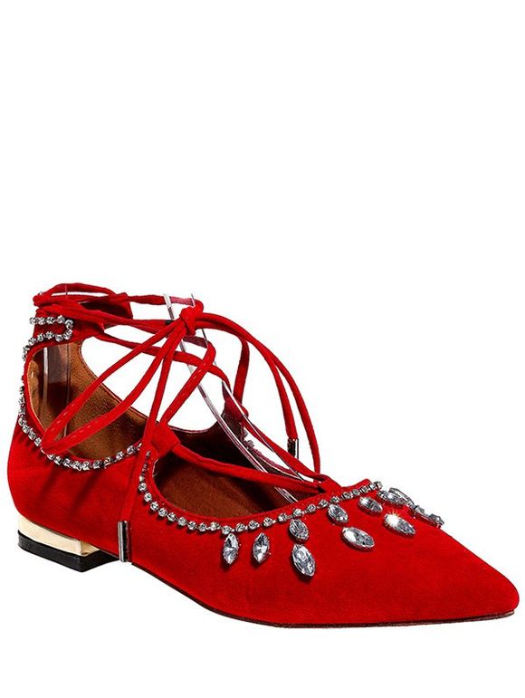 Élégant strass et Lace-Up Design Flat chaussures pour femmes - Rouge 34