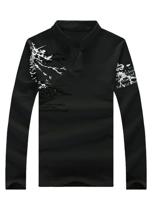 

Stand Collar V Style Letters Print Long Sleeve Men's T-Shirt, Black