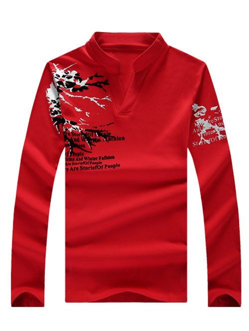 

Stand Collar V Style Letters Print Long Sleeve Men's T-Shirt, Red