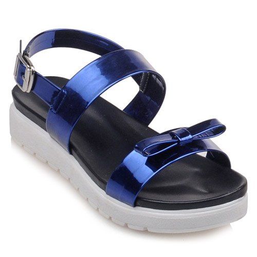 Fashionable Bowknot and Patent Leather Design Women's Sandals - Bleu 39