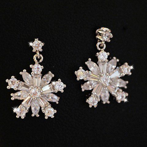 Pair of Delicate Rhinestoned Snowflake Drop Earrings For Women - Argent 
