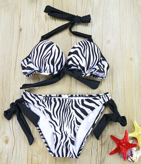 Femmes Élégant  's Halter Push Up Zebra Print Bikini - Blanc et Noir M