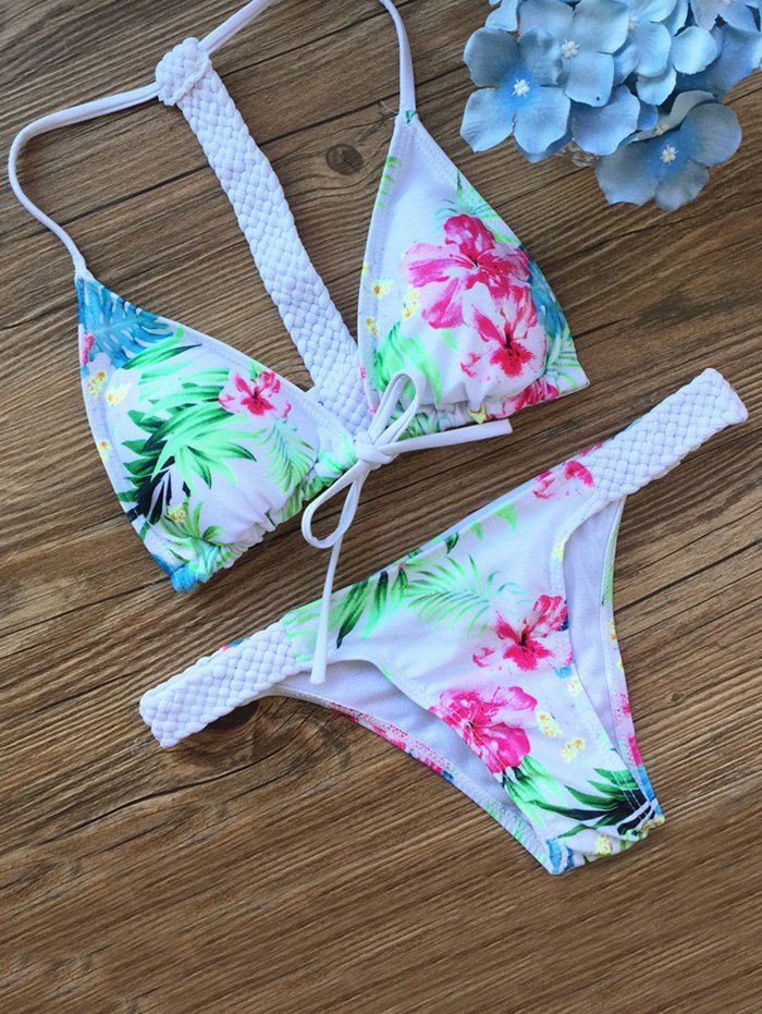 

Alluring Women's Sennit Strap Design Floral Print Bikini Set, White