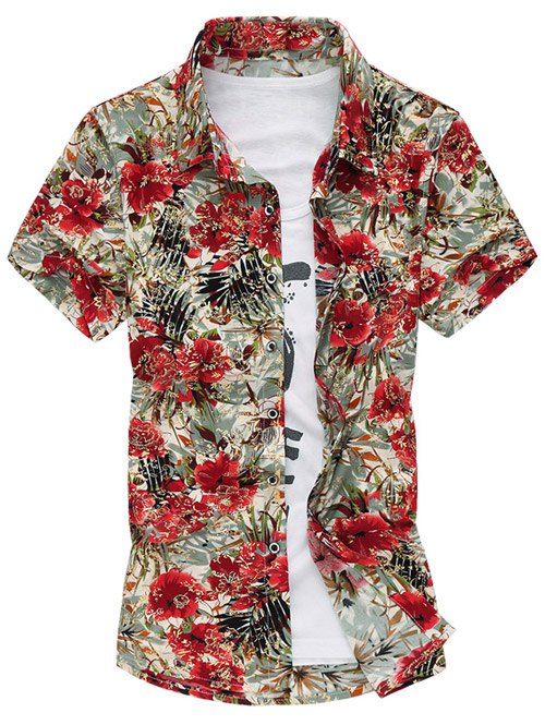 Casual Turn Down Collar Flowers Printing Shirt For Men - Rouge 4XL