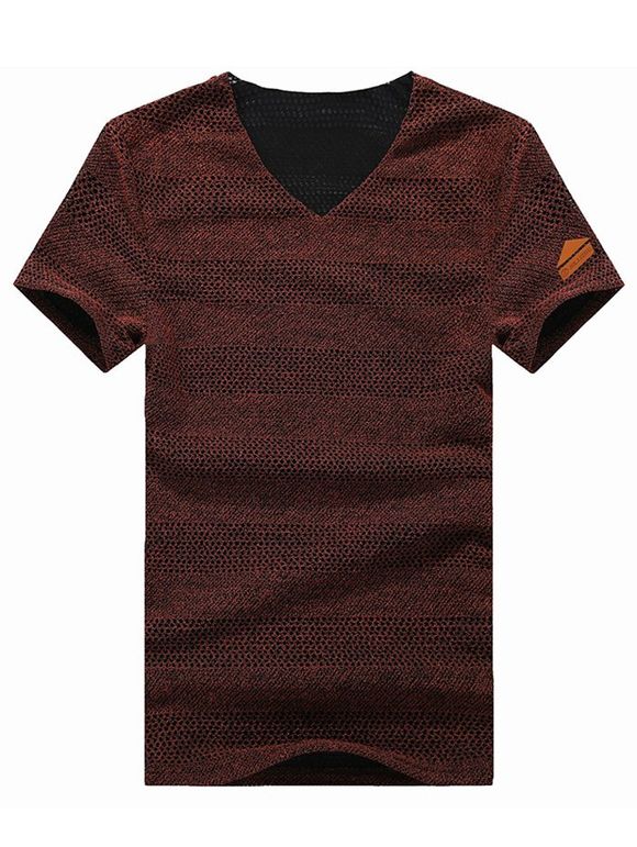 Grid Design Solid Color V-Neck Cotton+Linen Short Sleeve Men's T-Shirt - Rouge vineux M