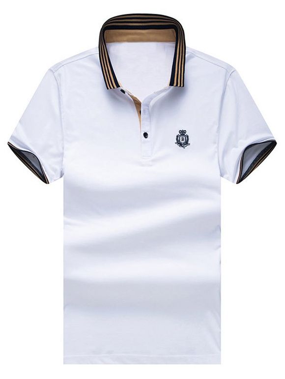 Col rabattu Badge Stripe Imprimer épissage Polo T-shirt à manches courtes Bordures Hommes  's - Blanc XL