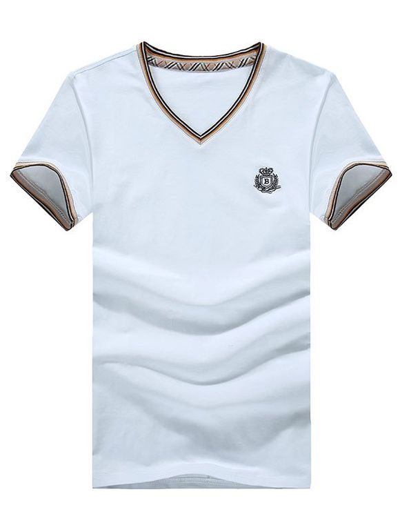 Stripe Spliced ​​brodé V-cou à manches courtes T-shirt des hommes de couleur de l  'solide - Blanc L