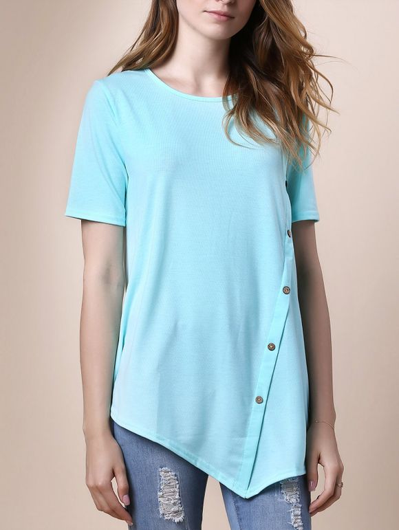 T-shirt à la mode Collier Bouton asymétrique à manches courtes ronde design Femmes  's - Bleu clair S