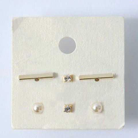 3 Pairs Delicate Faux Pearl Rhinestone Rectangle Stud Earrings For Women - d'or 