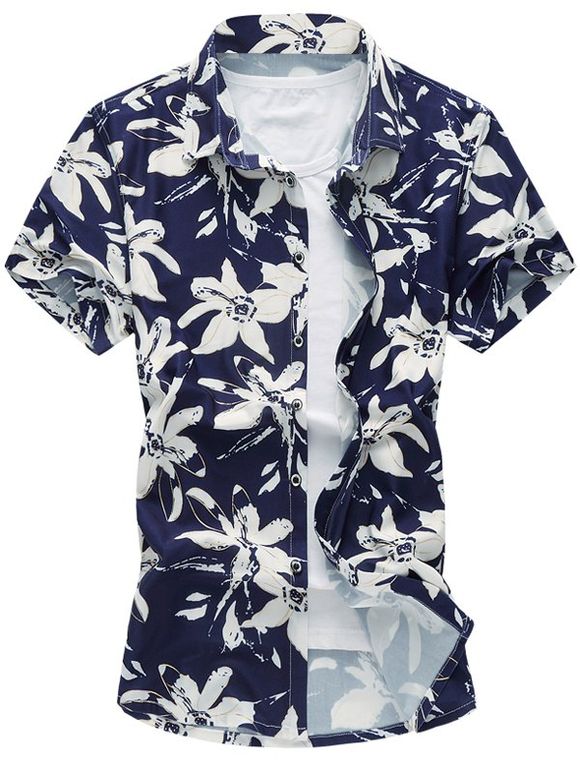 Casual Plus Size Flowers Printing Turn Down Collar Shirt For Men - Bleu Violet 5XL