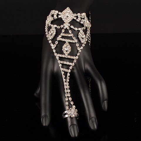 Superbe Rhinestoned géométrique Bracelet avec anneau pour les femmes - Blanc ONE-SIZE