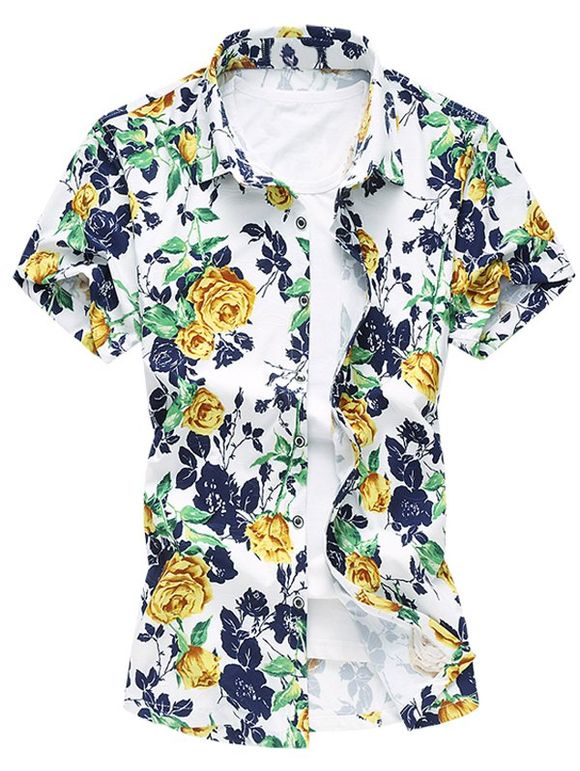 Fashion Plus Size impression Flower Turn Down Collar Shirt Pour Hommes - Jaune L