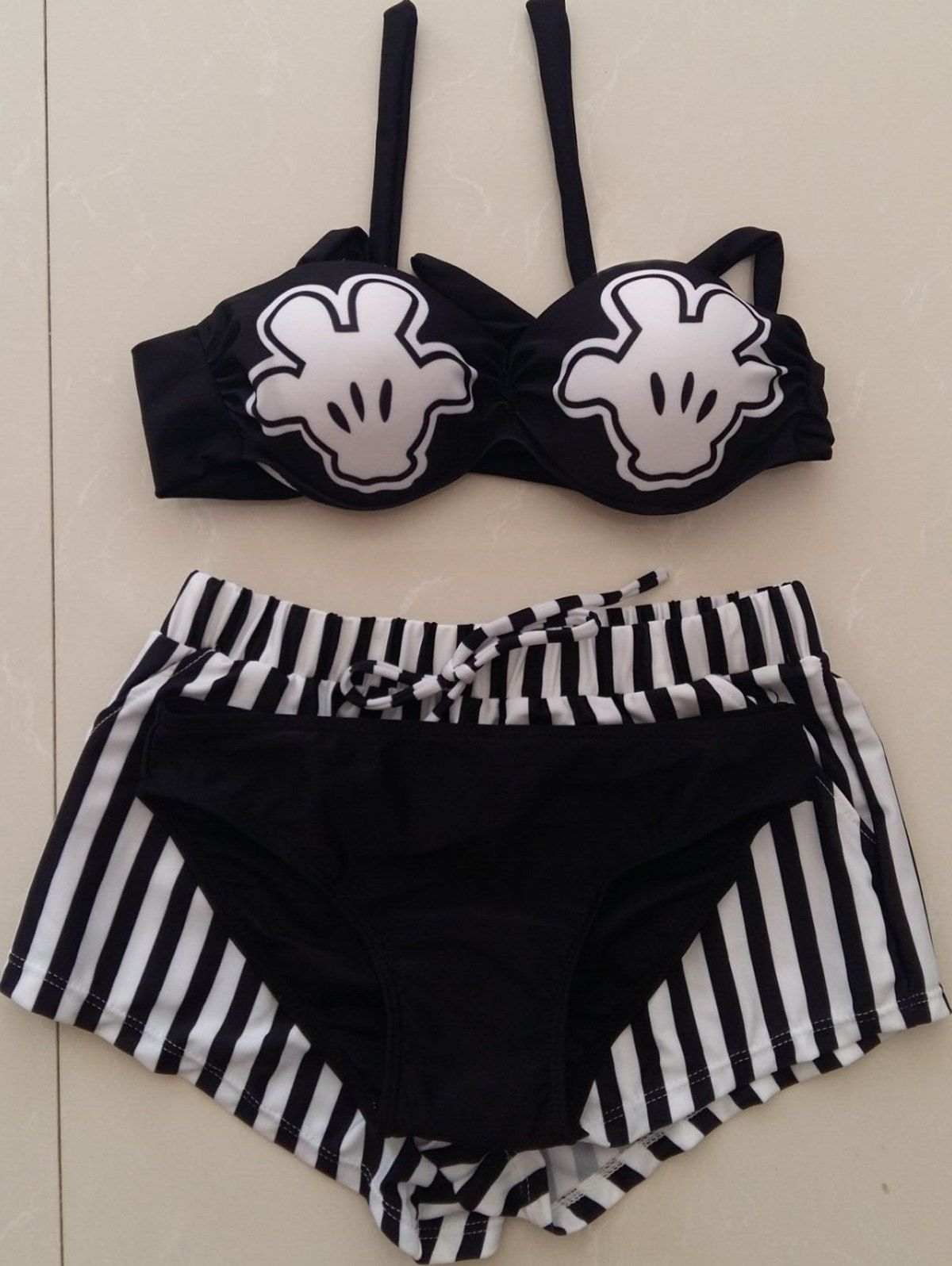 

Chic Striped Halter Print Tankini Suit For Women, Black