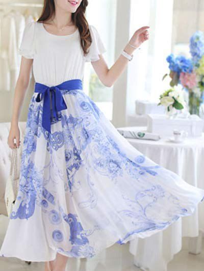 Sweet Floral Print Short Sleeve Belt-Tie Women's Chiffon Dress - Bleu M