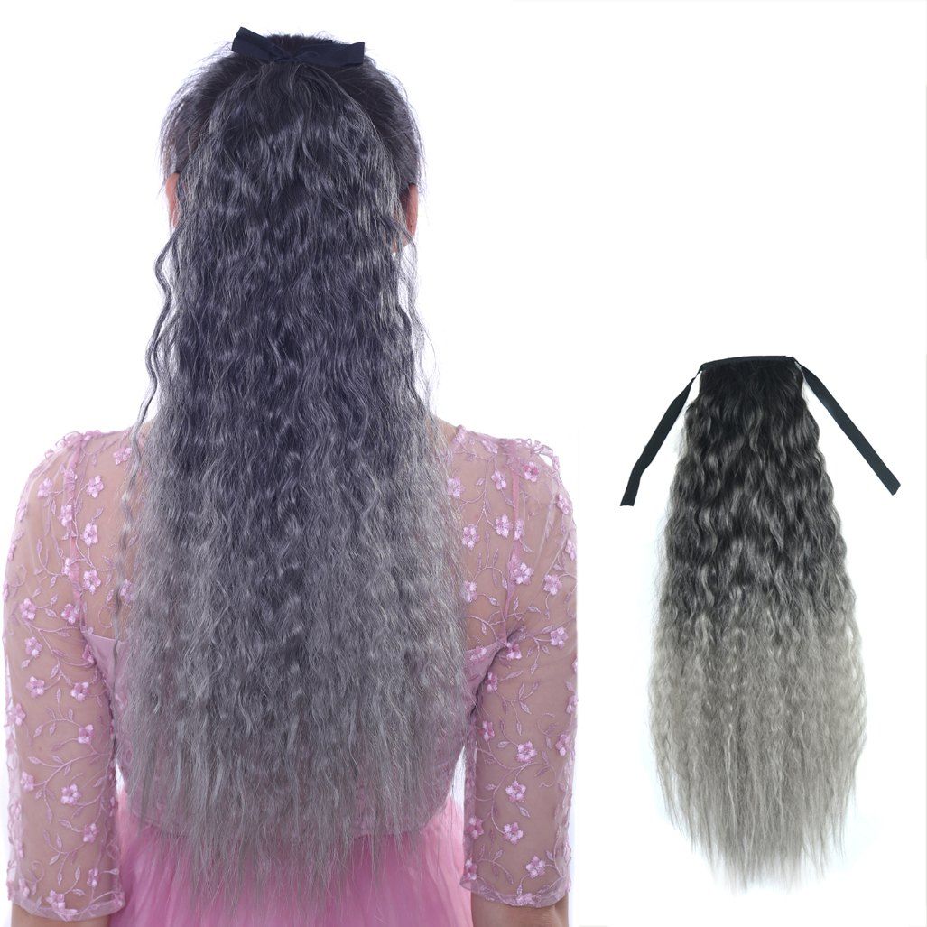 

Fluffy Corn Hot Curly Synthetic Fashion Colorful Long Capless Ponytail For Women, Black and grey