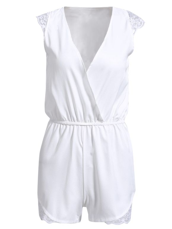 Trendy Plunging Neck Sleeveless Lace Spliced Solid Color Romper For Women - Blanc M