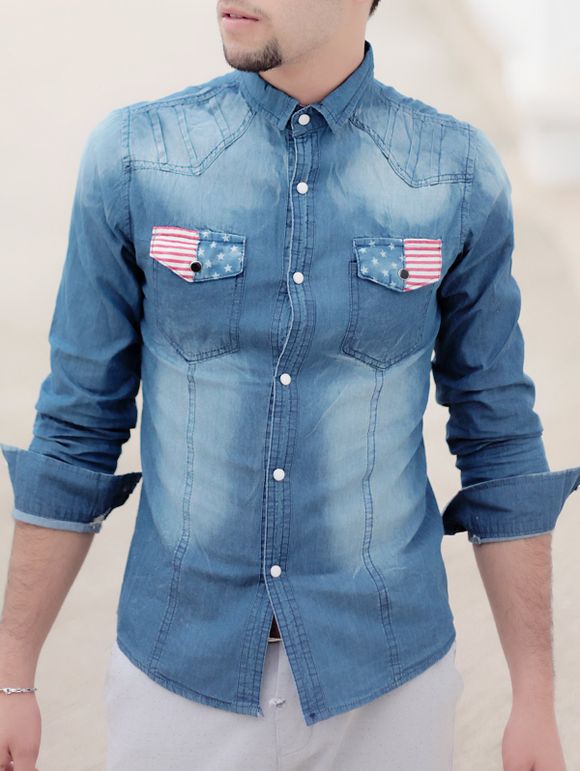 Bleach Wash Tournez-Bas col Drapeau Imprimer Denim shirt manches longues hommes de poche - Bleu clair XL