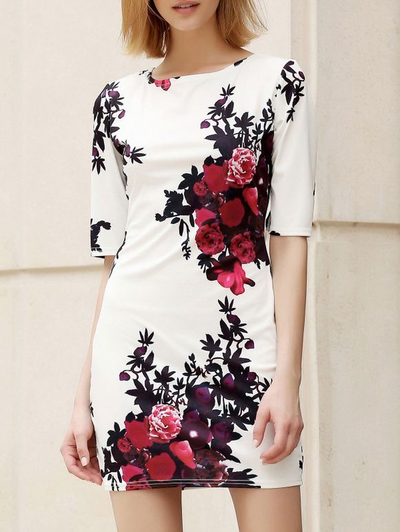 Trendy Round Collar Skinny Floral Print Women's Dress - Blanc S