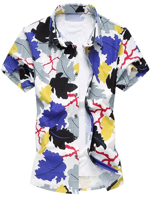 Fashionable Turn-Down Collar Colored Leaves Printing Short Sleeve Men's Plus Size Shirt - Bleu 6XL