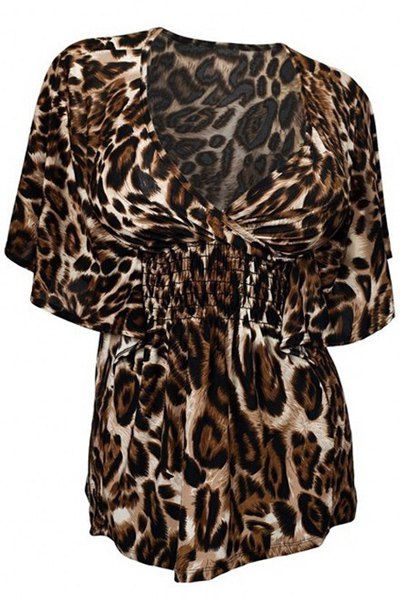 Trendy Plus Size Bat Sleeve V Neck Leopard T-Shirt For Women - Léopard XL