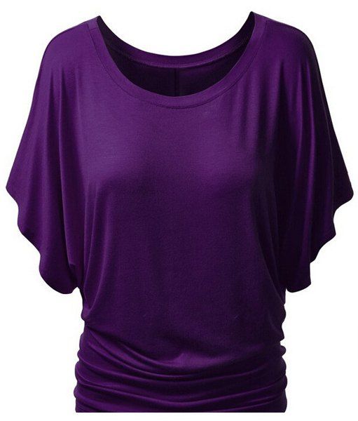 T-Shirt en Couleur Unie à Manches Chauve-souris pour Femme - Pourpre XL