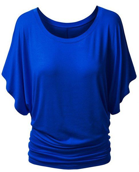 T-Shirt en Couleur Unie à Manches Chauve-souris pour Femme - Bleu S