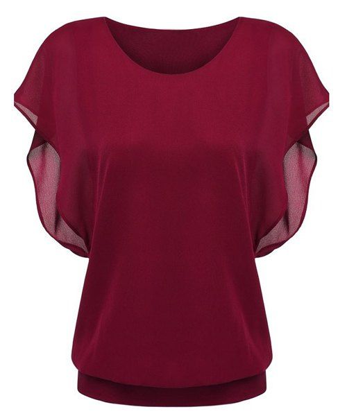 Trendy Bat manches col rond en mousseline de soie pure couleur Spliced ​​T-shirt pour les femmes - Rouge vineux S