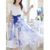 Sweet Floral Print Short Sleeve Belt-Tie Women's Chiffon Dress - Bleu M