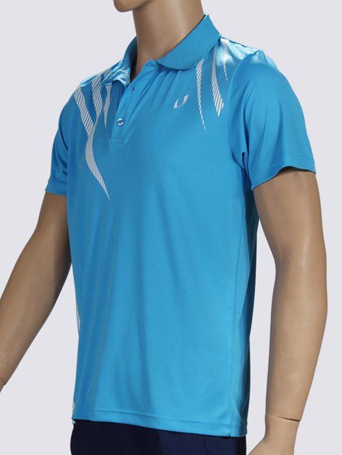 

Color Block Geometric Print Turn-Down Collar Short Sleeve Men's Sports Polo T-Shirt, Light blue