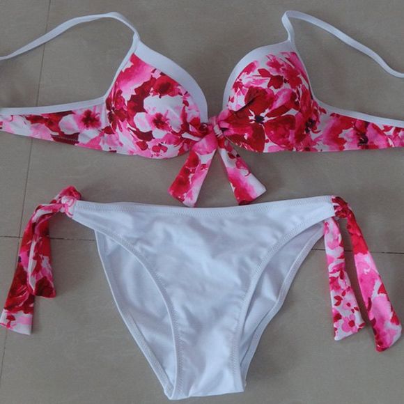 Bowknot Charme imprimé floral Push Up Bikini Set pour les femmes - Rouge S