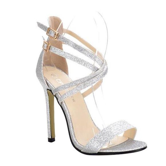 Fashionable Sequined Cloth and Double Buckle Design Women's Sandals - Argent 39