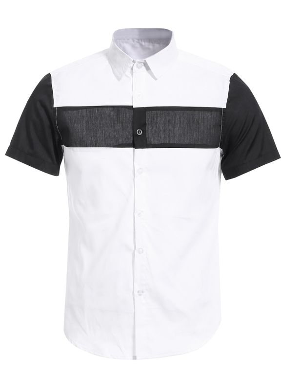 Chemise à manches courtes pour homme épissée blanche et noire à col de chemise - Blanc M