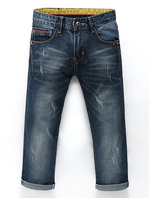 Men 's  Mode Jambes droites Zip Fly Pantacourt Jeans - Bleu 34
