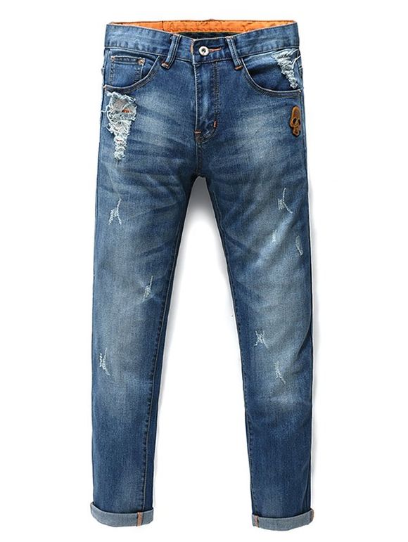 Jeans Men 's  Fashion Zip Fly Skull Jambes droites recadrées - Bleu 28
