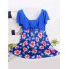 Plus Size Floral Pattern Short Sleeve Women's Swimwear - Bleu 5XL