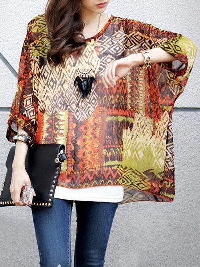 Ethnic Style Women's Round Neck Printed Batwing Sleeve Tee - Orange ONE SIZE(FIT SIZE XS TO M)