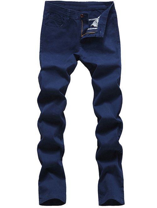 Men's Casual Solid Color Zip Fly Pants - Bleu Saphir 34