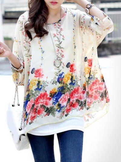 Sweet Women's Round Neck Floral Print Batwing Sleeve Tee - Blanc ONE SIZE(FIT SIZE XS TO M)