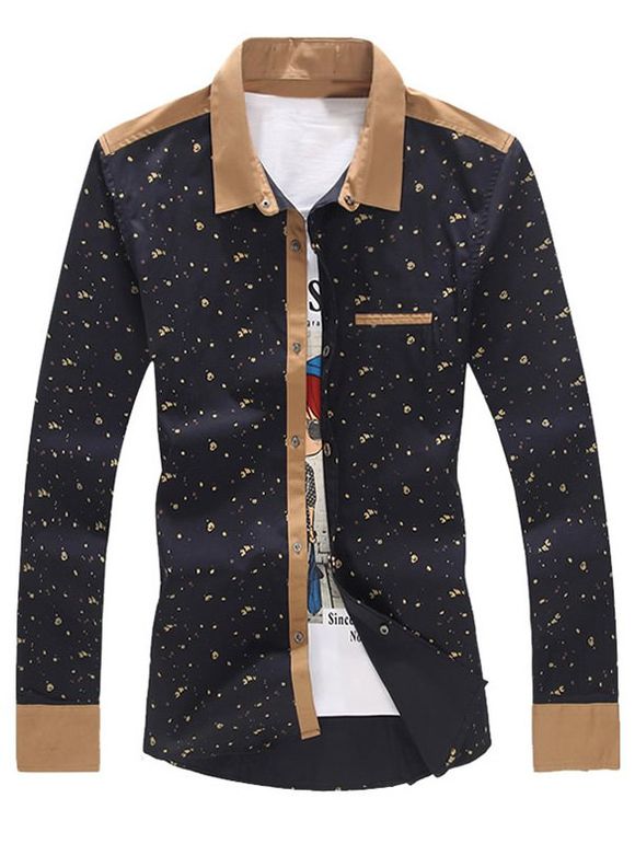 Color Block Spliced ​​Edging Splash-Ink Turn-Down Collar Taille Plus de manches longues hommes  Shirt - Cadetblue 2XL