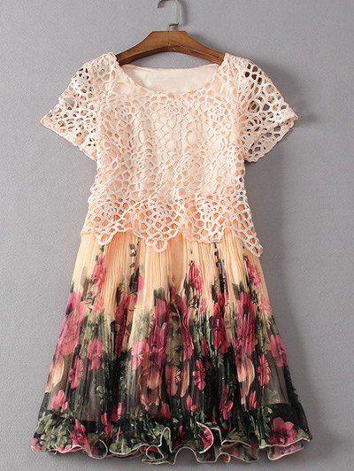 Fashionable Women's Jewel Neck Short Sleeve Crochet Floral Dress - Orange Rose M