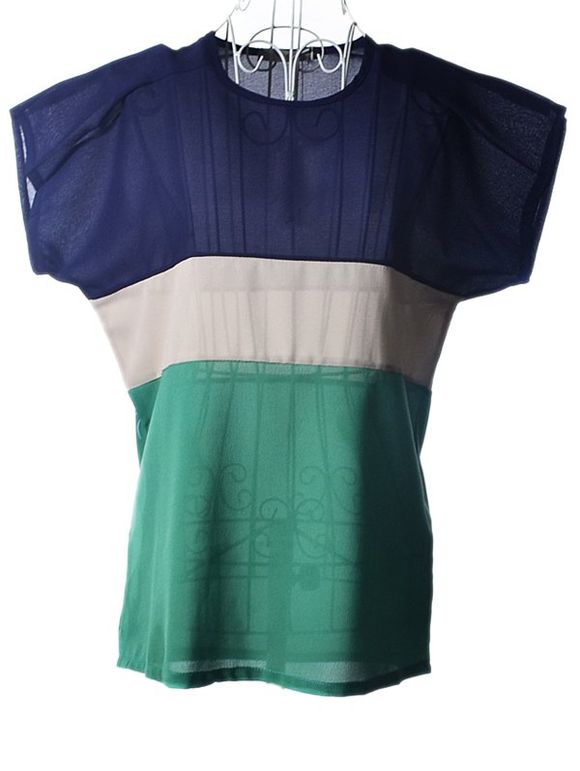 Plus Size Jewel Neck Color Block Cap manches Blouse s 'Trendy femmes - Vert L