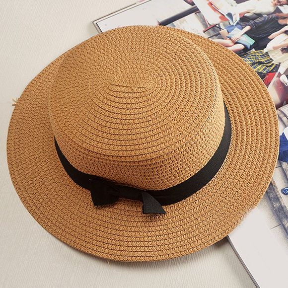Chic Black Lace-Up Embellished Cool Summer Women's Straw Hat - café lumière 