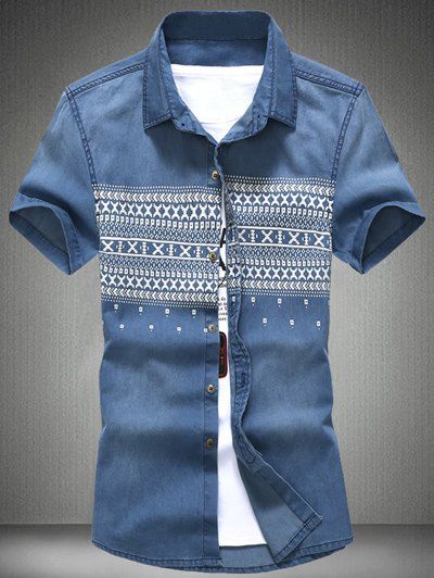 Trendy Turn Down Collar Men 's  Color Block Denim Shirts - Bleu clair XL