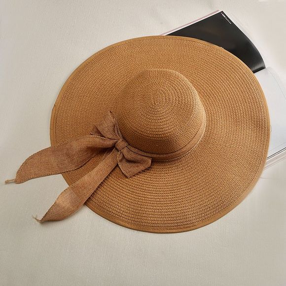 Chic Flax Bow Lace-Up Wide Brim Cool Summer Women's Straw Hat - café 