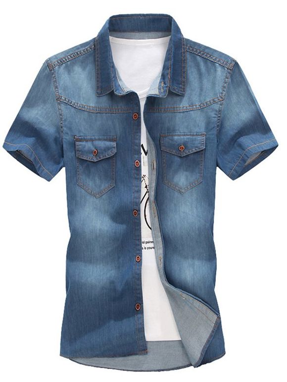 Men's Trendy Turn Down Collar Denim Shirts - Moyen Bleu XL