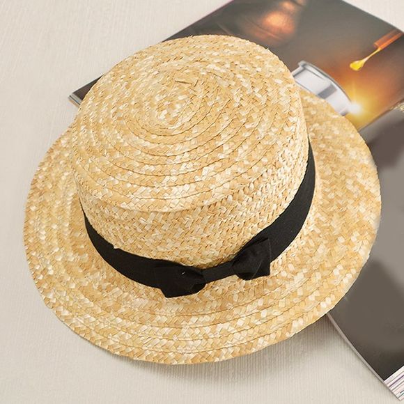Chic Black Bow Lace-Up Fresh Cool Summer Women's Straw Hat - Kaki Léger 