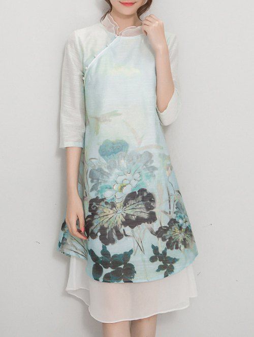 Peinture chinoise d'encre Mandarin Collar Dress - Vert clair M