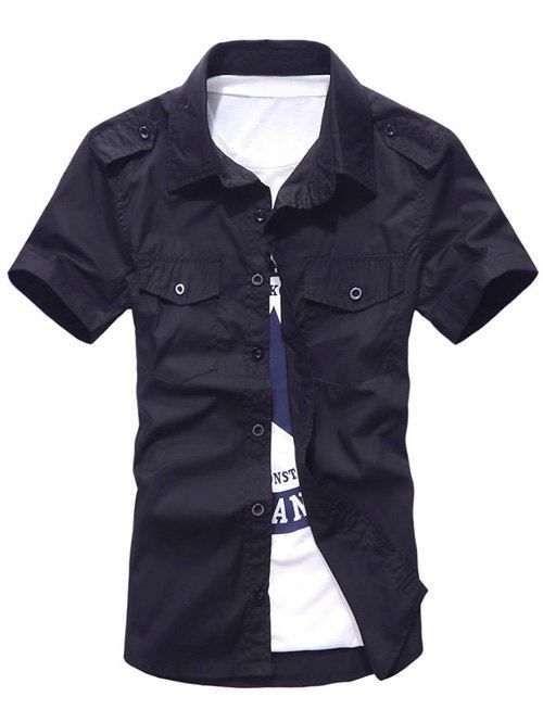 Solid Color Pockets Design Turn-Down Collar Plus Size Short Sleeve Men's Shirt - Cadetblue L