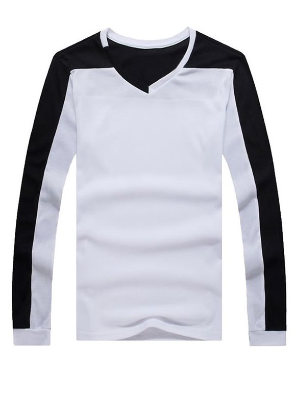 Casual Splicing V-Neck Long Sleeves Men's T-Shirt - Blanc XL