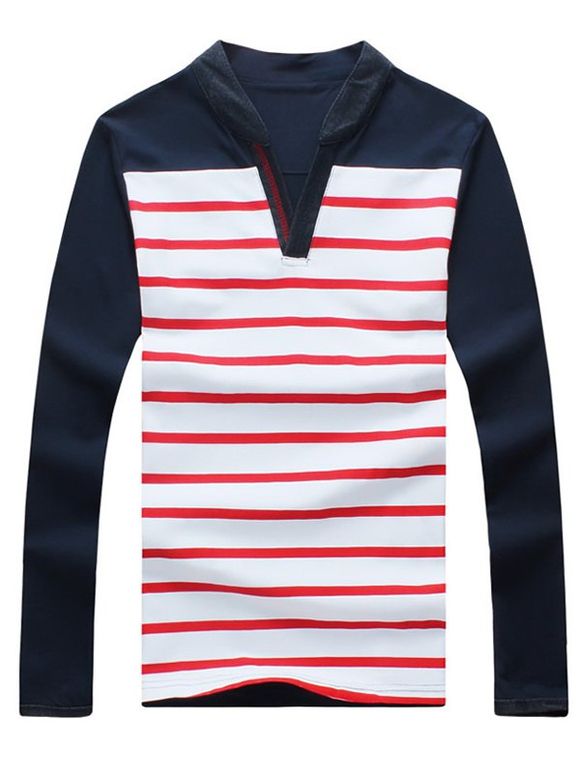 Casual Striped Splicing V-Neck Long Sleeves Men's T-Shirt - Rouge XL